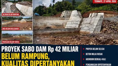 Kondisi proyek Sabo Dam di Kelurahan Rua, Kota Ternate yang belum rampung dengan bagian konstruksi yang mulai mengalami kerusakan