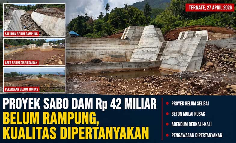Kondisi proyek Sabo Dam di Kelurahan Rua, Kota Ternate yang belum rampung dengan bagian konstruksi yang mulai mengalami kerusakan