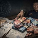 Ilustrasi uang rupiah dan dokumen keuangan di atas meja dengan latar bayangan logo PWI serta figur Ketua PWI Bolmut, menggambarkan isu dugaan pengelolaan dana organisasi.