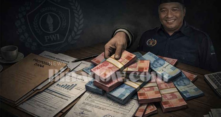 Ilustrasi uang rupiah dan dokumen keuangan di atas meja dengan latar bayangan logo PWI serta figur Ketua PWI Bolmut, menggambarkan isu dugaan pengelolaan dana organisasi.