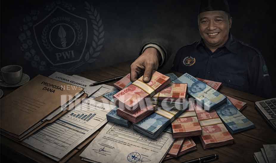 Ilustrasi uang rupiah dan dokumen keuangan di atas meja dengan latar bayangan logo PWI serta figur Ketua PWI Bolmut, menggambarkan isu dugaan pengelolaan dana organisasi.