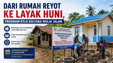 Program RTLH Boltara 2026 memperlihatkan perbandingan rumah tidak layak huni dengan rumah baru hasil pembangunan pemerintah daerah