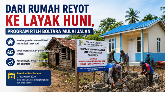 Program RTLH Boltara 2026 memperlihatkan perbandingan rumah tidak layak huni dengan rumah baru hasil pembangunan pemerintah daerah