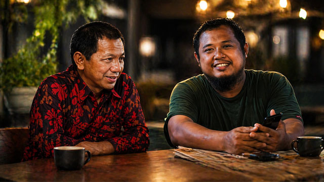 Sekda Bolmut berbincang santai dengan warga dalam suasana kafe, membahas isu pelayanan publik dan tata kelola daerah