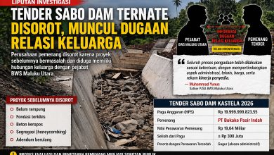 Kondisi proyek Sabo Dam di Ternate dengan saluran beton belum rampung dan dipenuhi batu, disorot terkait tender dan dugaan relasi keluarga
