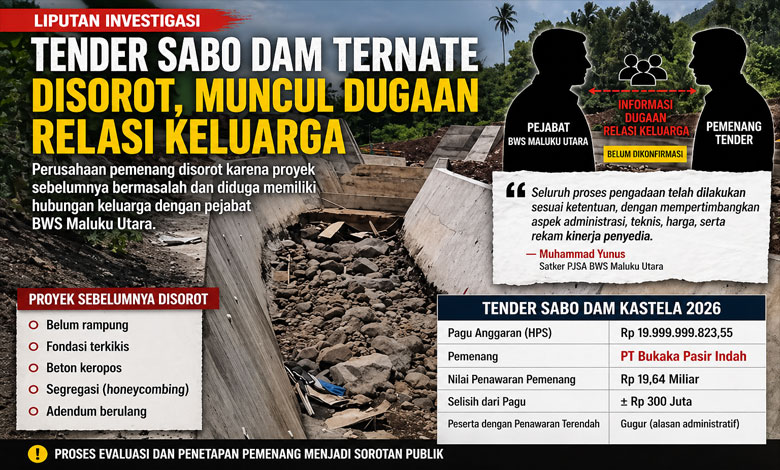 Kondisi proyek Sabo Dam di Ternate dengan saluran beton belum rampung dan dipenuhi batu, disorot terkait tender dan dugaan relasi keluarga