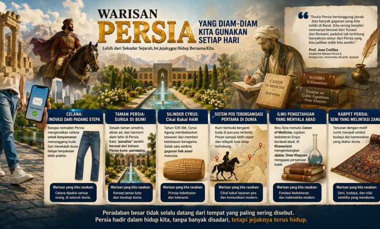 Ilustrasi peradaban Persia dari masa kuno hingga modern, termasuk celana, taman, dan ilmu pengetahuan