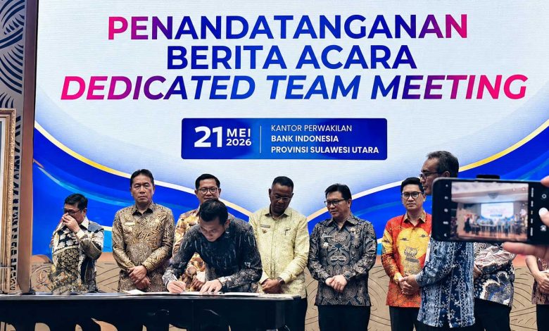 Penandatanganan berita acara DTM RIRU Sulut 2026 di Kantor Bank Indonesia Sulawesi Utara yang dihadiri Wakil Bupati Boltara Mohammad Aditya Pontoh.