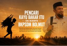 Visual ilustrasi siluet anak memikul kayu bakar saat matahari terbenam dipadukan dengan potret Mirwan Datukaramat sebagai Kepala BKPSDM Bolmut.