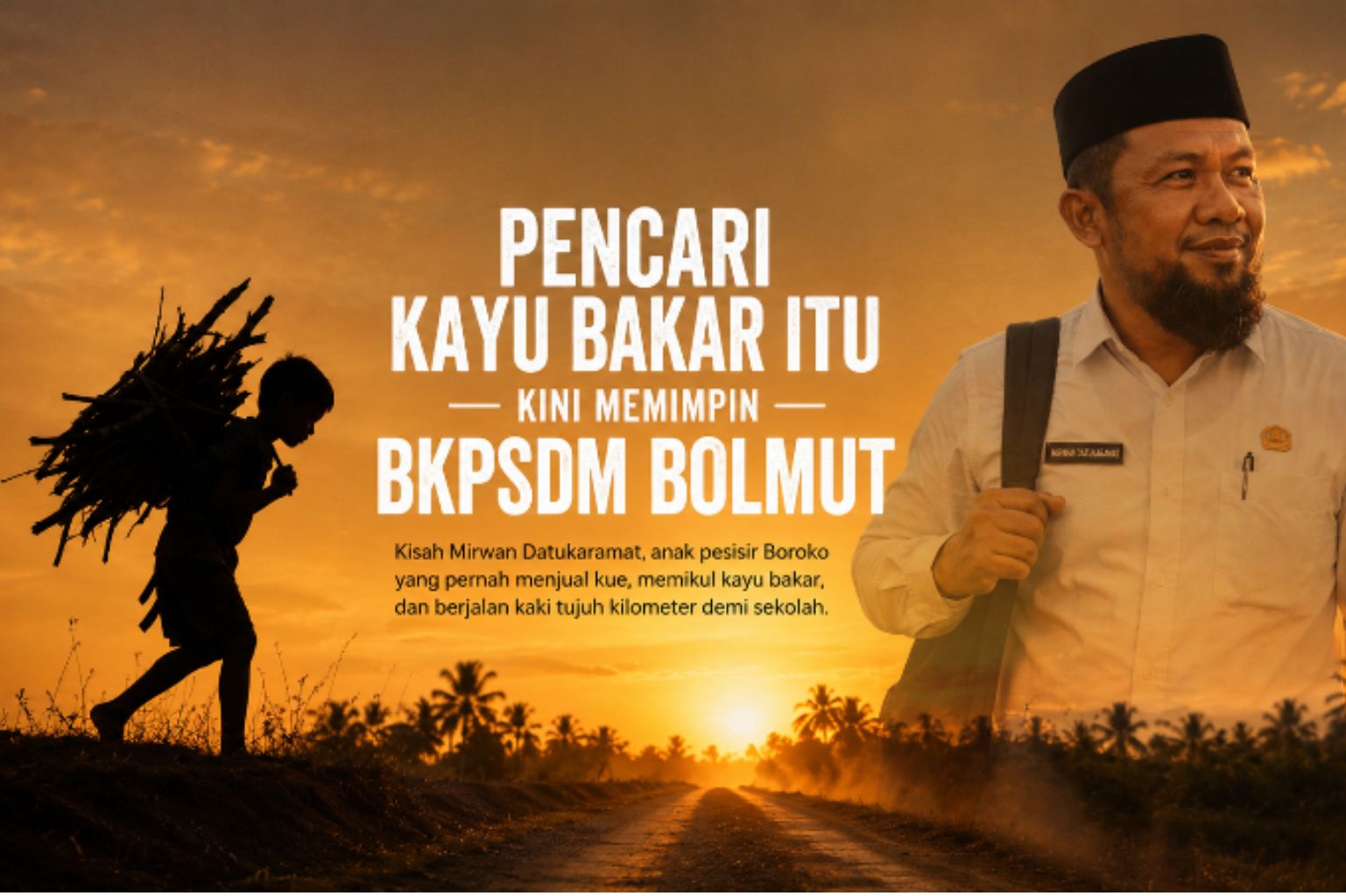 Visual ilustrasi siluet anak memikul kayu bakar saat matahari terbenam dipadukan dengan potret Mirwan Datukaramat sebagai Kepala BKPSDM Bolmut.