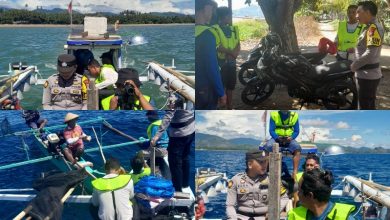 Personel Polsek Pinogaluman bersama Kelompok Pengawas Akses Area Perikanan (PAAP) Perintis Kabupaten Bolaang Mongondow Utara melakukan patroli laut dan pengawasan di Kawasan Larang Ambil (KLA) di Kecamatan Pinogaluman dan Kaidipang, Minggu, (14/6/2026). Kegiatan tersebut bertujuan mencegah praktik penangkapan ikan yang merusak lingkungan serta menjaga kelestarian sumber daya laut. (Foto: Istimewa)
