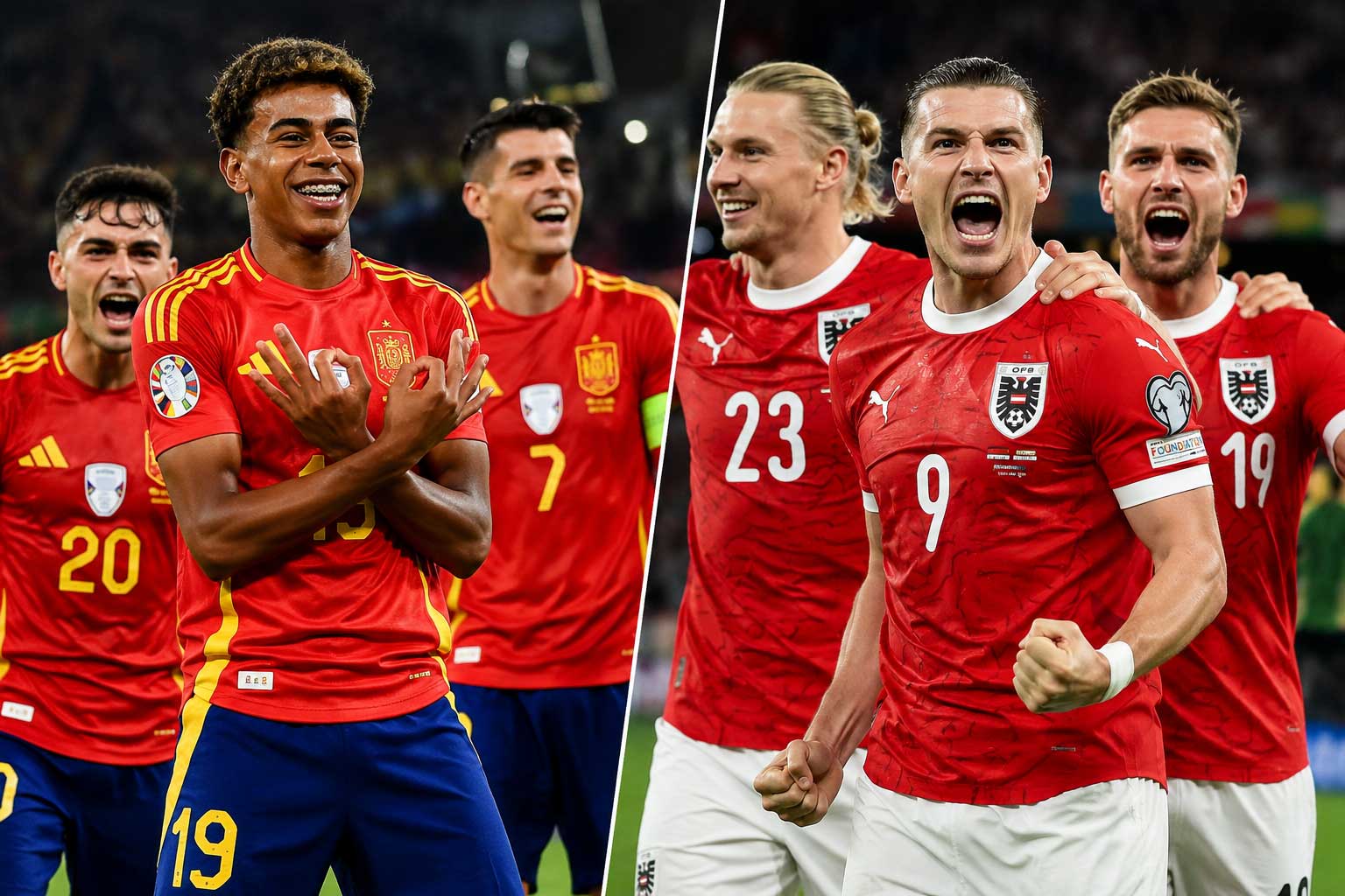 Spanyol (kiri) dan Austria akan bertarung memperebutkan tiket 16 besar Piala Dunia 2026