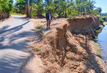 Anggota DPRD Boltara Meidi Pontoh meninjau kondisi tebing sungai yang mengikis areal di sisi jalan perkebunan Desa Biontong, Kecamatan Bolang Itang Timur. badan jalan hampir putus, Selasa (1/9/2026).